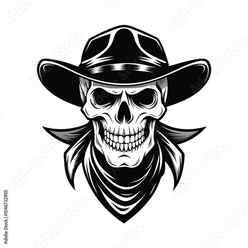 A skull wearing a cowboy hat and bandana isolated on white background