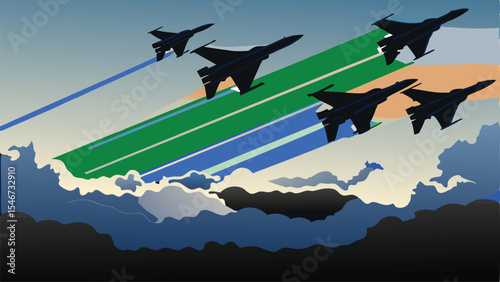 A squadron of fighter jets flying in formation over a cloudy sky with colored stripes in the background