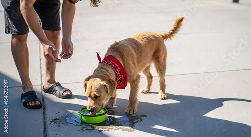 Man giving his dog water from a green portable bowl on a sunny pavement. A caring owner hydrating his pet during a hot day. Concept of pet care, love, and responsibility