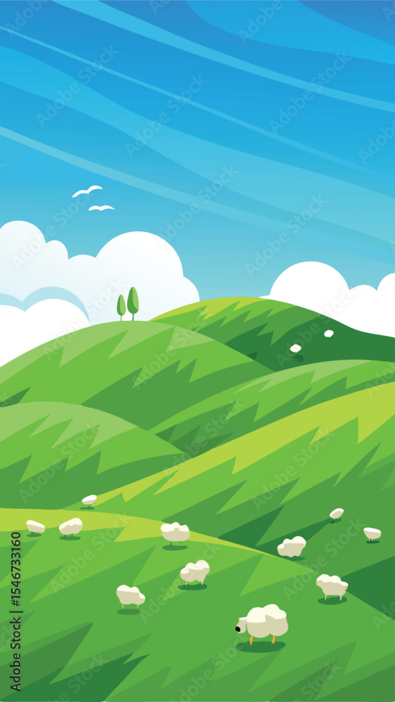Obraz premium Cartoon illustration of a pastoral scene with sheep grazing on green hills under a blue sky