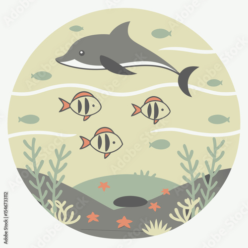 Marine life icon with fish and sea plants