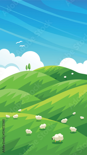 Cartoon illustration of a pastoral scene with sheep grazing on green hills under a blue sky