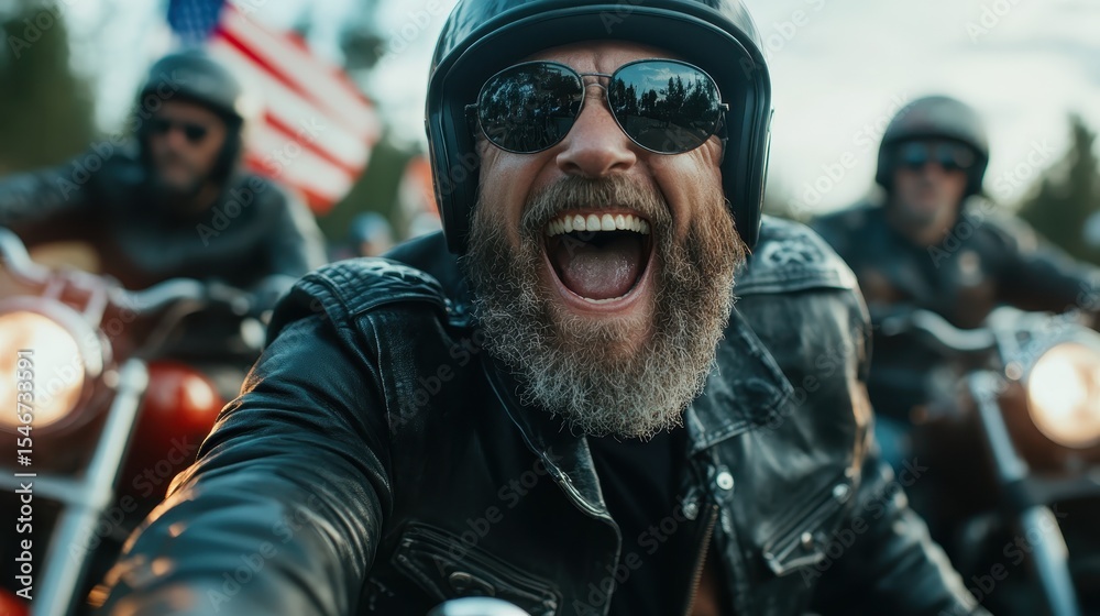 Fototapeta premium A joyful biker, wearing sunglasses and a leather jacket, captures the essence of freedom and adventure while riding with fellow bikers against a picturesque backdrop.