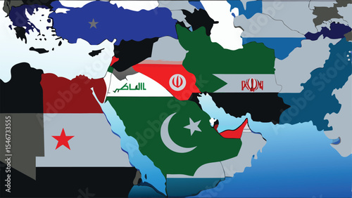 Illustrated map of the middle east with country flags overlaid on their respective geographic locations