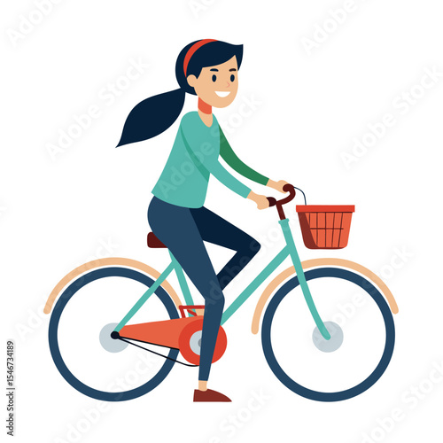 A woman riding a bicycle with a basket isolated on white background
