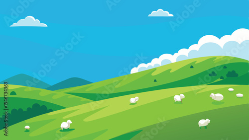 Cartoon illustration of a peaceful meadow scene with sheep grazing under a blue sky