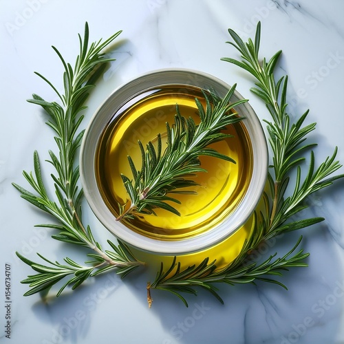 Depict a vial of aromatic rosemary oil surrounded by lush rosemary foliage