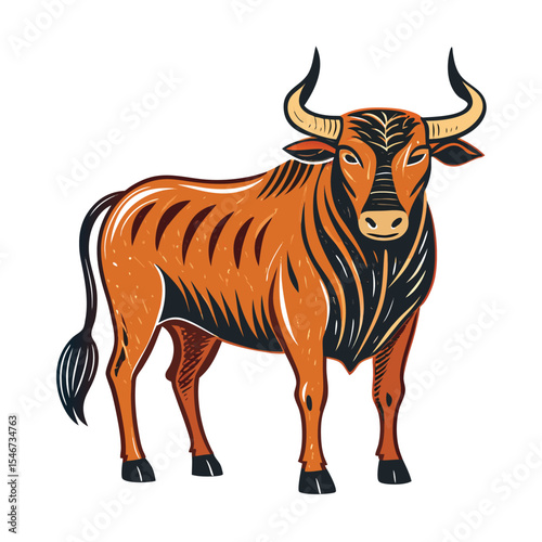 A strong bull isolated on white background stands powerfully with its horns showcasing the strength and nature of this farm animal