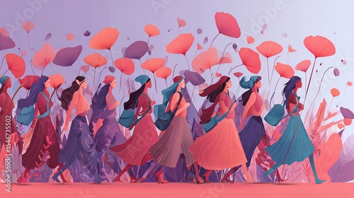 Women in Colorful Dresses Walking Through Flower Field - International Womens Day Background