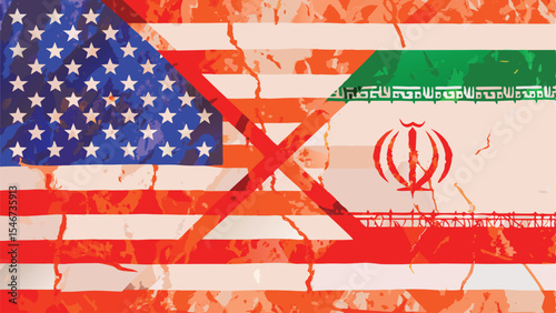 American and iranian flags merged with a red x over them symbolizing conflict and political tension