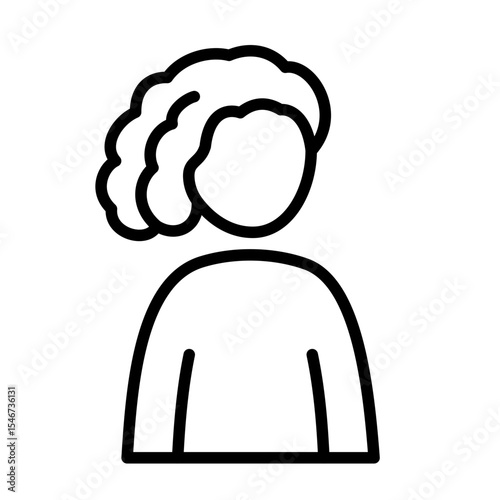 Female user avatar with curly hair. Line icon of a person, online account profile, or team member. Black and white graphic with adjustable stroke weight.