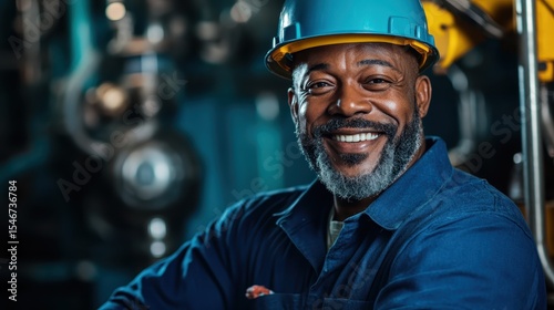 A skilled and experienced worker, wearing a hard hat and uniform, smiles confidently in an industrial setting, showcasing a dedication to safety and professionalism.