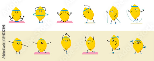 Cute Lemon character. sport - Yoga, meditation. scooter, fitness, Nordic walking. concept