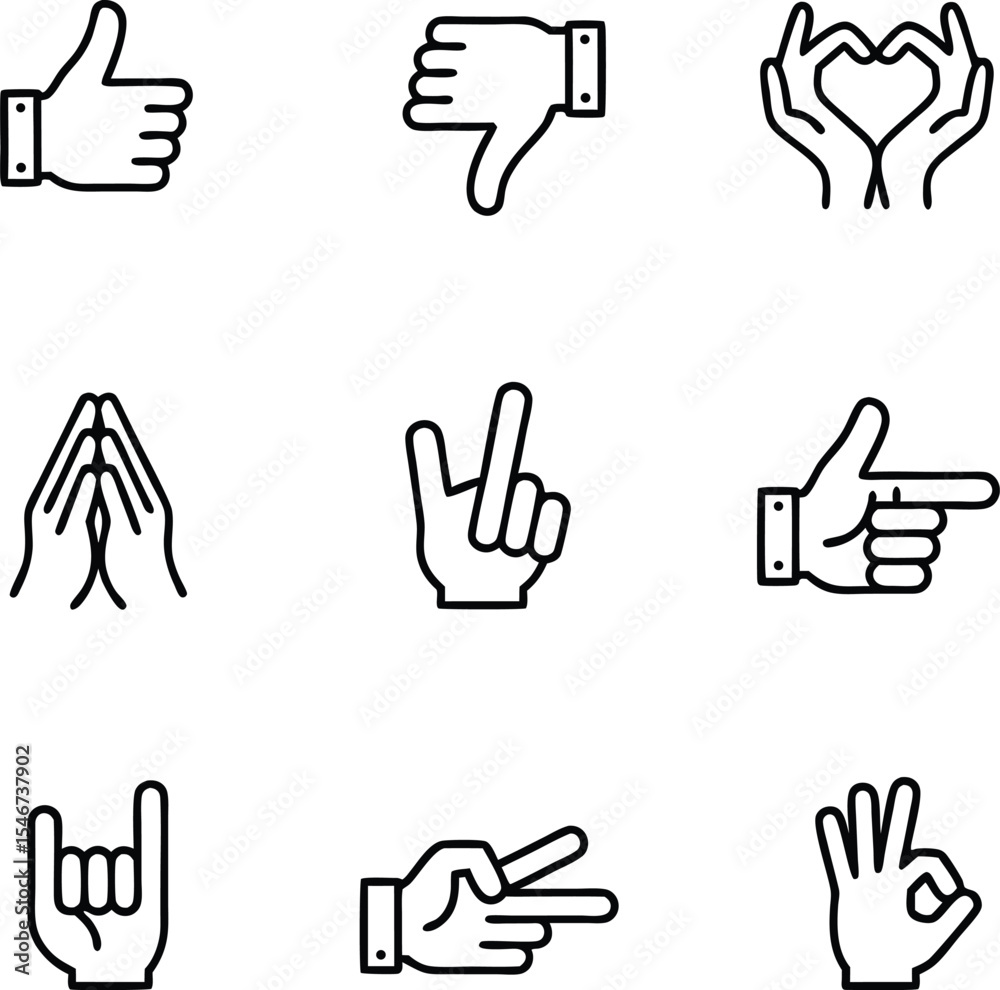 Fototapeta premium Nine Black Outline Hand Gestures Icons Set thumbs up