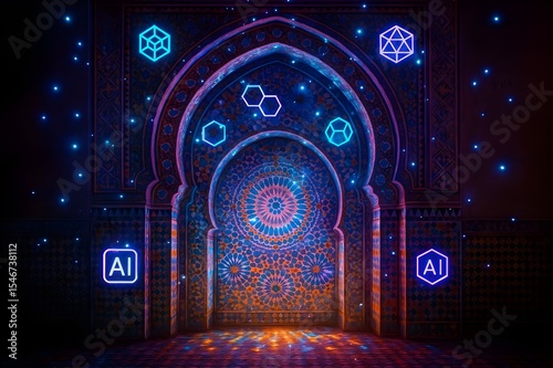 Moroccan Mosaic Archway with Digital Lights and Floating AI Symbols


