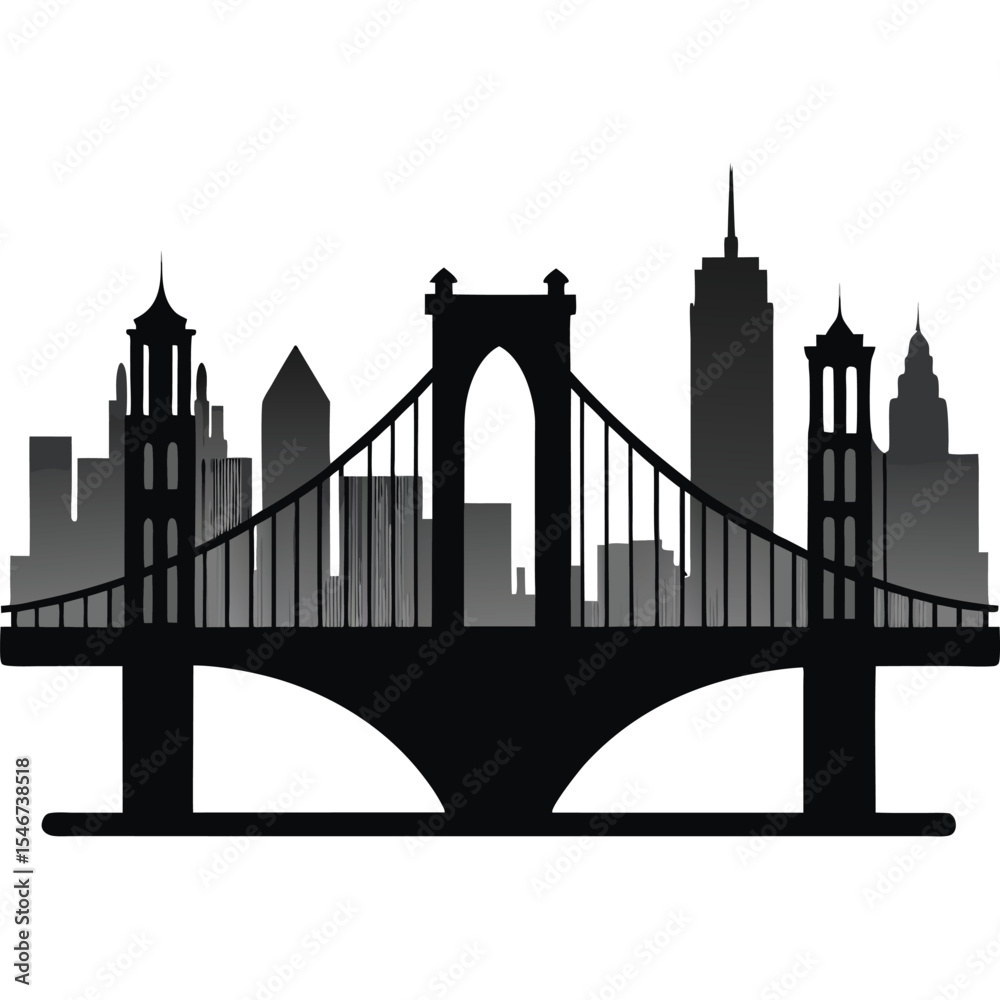 Obraz premium City skyline silhouette featuring a bridge and various buildings isolated on white background