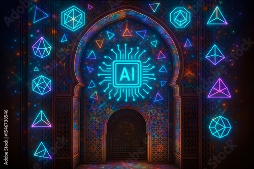 Moroccan Mosaic Archway with Digital Lights and Floating AI Symbols


