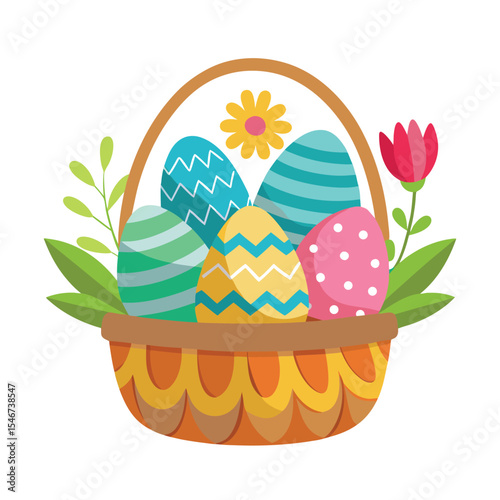 Colorful easter eggs in a basket with flowers isolated on white background
