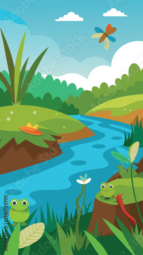 Cartoon landscape illustration with frogs river clouds and colorful butterfly
