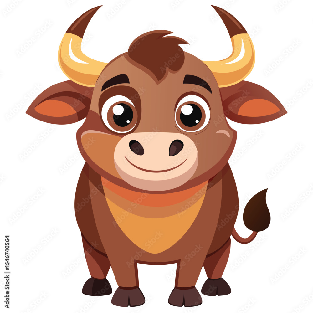 Fototapeta premium Cute cartoon bull with brown fur and horns isolated on white background