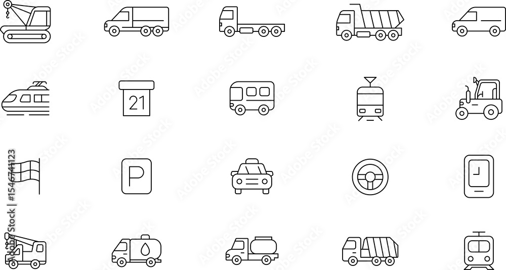 Public, Service, Municipal Commercial vehicles Transport Line Icons Set — Transportation, vehicle icon set. Vector glyph pictograms of travel, logistics, public transit concepts, car, train, bus