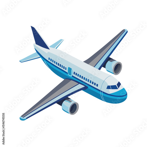 Isometric airplane soars isolated on white background with a sleek design and blue and white color scheme