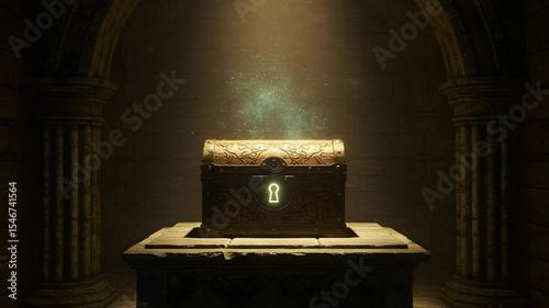 Opening Ancient Treasure Chest in Dark Stone Room Sparkling Light