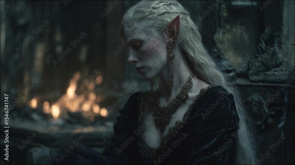 custom made wallpaper toronto digitalElven princess wearing jewelry and looking down in a dark fantasy setting with fire in background