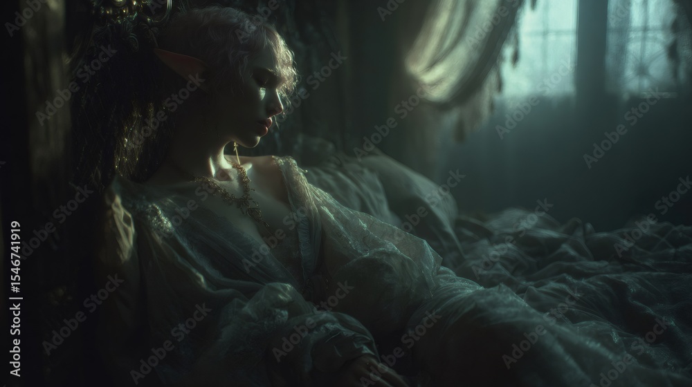 Fototapeta premium Elven princess resting in her dark bedroom near window light