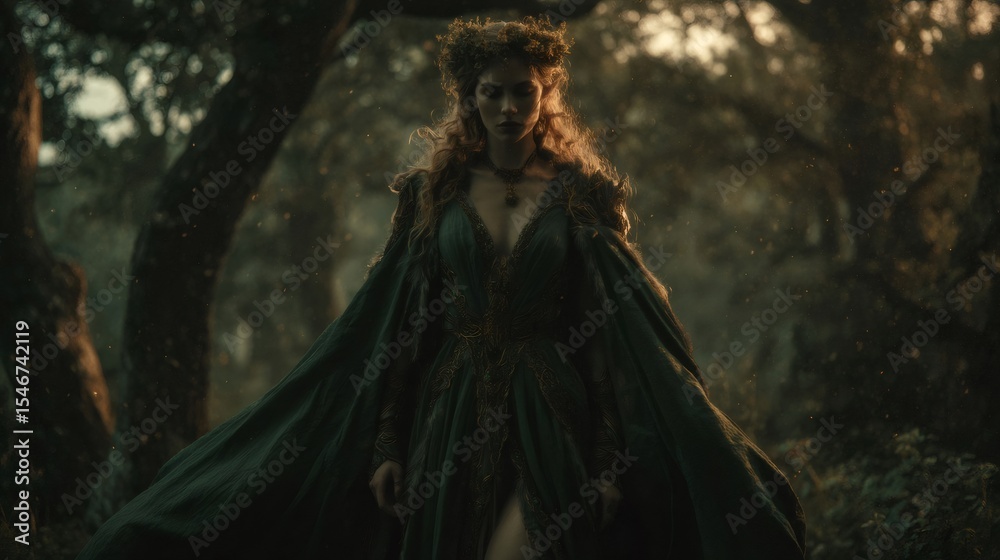 Fototapeta premium Elven princess wearing green dress and crown posing in forest