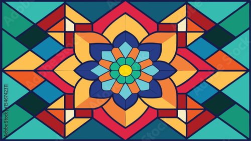 Colorful geometric mandala design featuring vibrant colors and floral shape