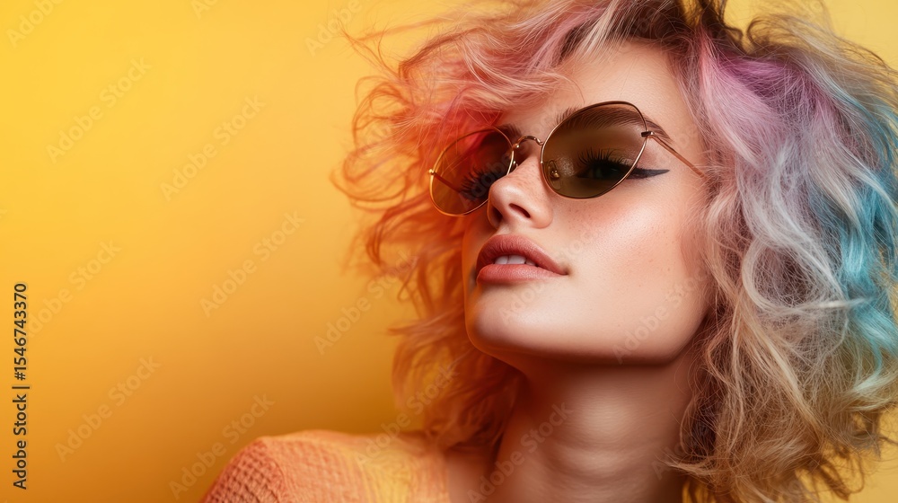 Fototapeta premium A close-up portrait of a chic woman with colorful hair and sunglasses, exuding confidence and style, representing modern fashion trends and vibrant self-expression.