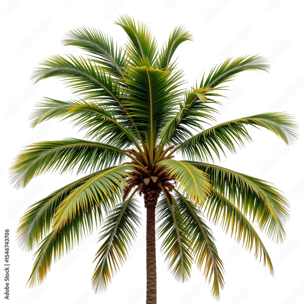 Fototapeta premium Lush Green Palm Tree with Vibrant Fronds Isolated on White Background for Tropical Aesthetic and Decor