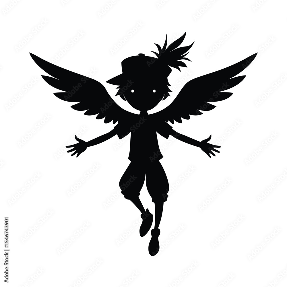 Fototapeta premium Silhouette of a boy with wings isolated on white background resembling an angel or fantasy character