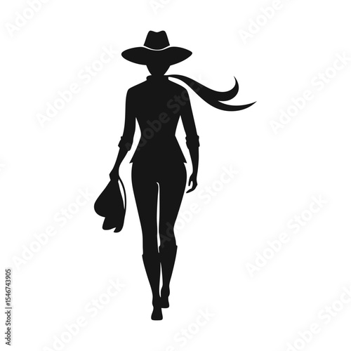 Silhouette of a cowgirl walking isolated on white background wearing a hat and scarf with a confident stride