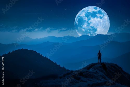 Traveler walking on a high trail under a massive full moon, mountain silhouettes below, deep blue hues