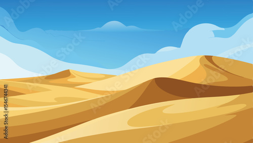 Desert landscape illustration featuring rolling sand dunes under a clear blue sky