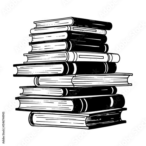 Stack of vintage books in black and white illustration  