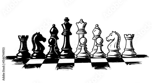 Chess pieces in black and white on a checkered board  
