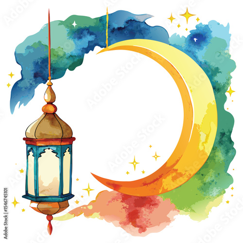 Ramadan kareem illustration with moon and lantern isolated on white background