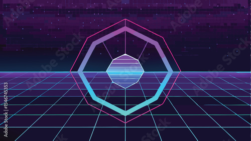 Futuristic abstract hexagonal grid layout with neon glow in a retro sci fi style
