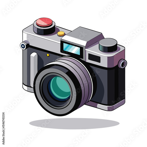 Retro style camera with lens and viewfinder isolated on white background