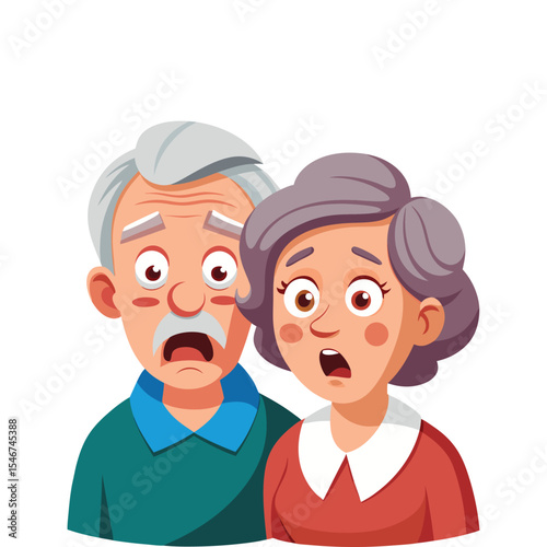 Shocked elderly couple with worried expressions isolated on white background