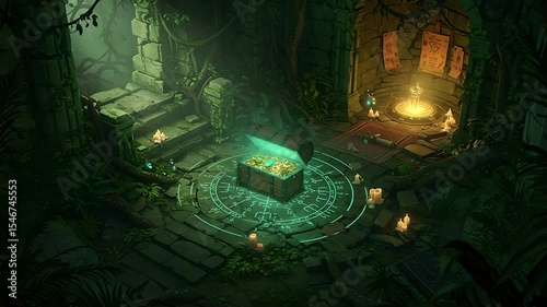 Treasure Chest Glowing in Mysterious Ancient Ruin Fantasy Scene