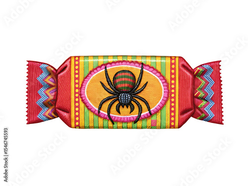 Colorful candy wrapper design featuring a black spider illustration