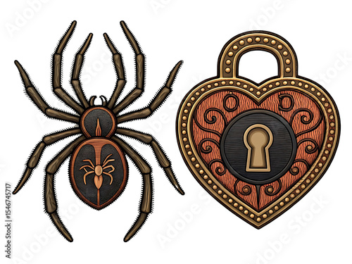 Intricate spider and ornate heart-shaped padlock illustration