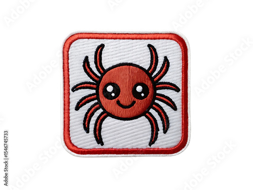 Cute embroidered spider patch, red and white, square shape, isolated on black background
