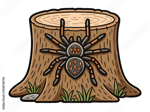 Tarantula spider on tree stump, cartoon illustration, nature, forest