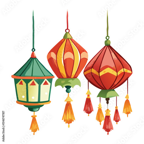 Three colorful hanging lanterns with tassels for decoration isolated on white background