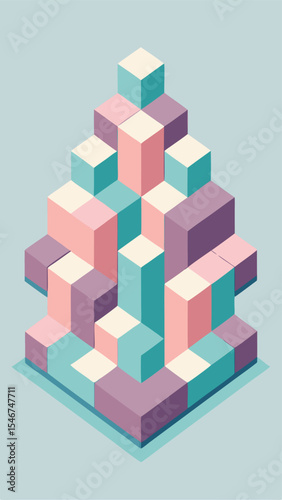 Isometric arrangement of colorful blocks in a geometric abstract architectural structure